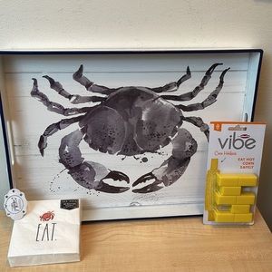 Crab Motif Rectangle Tray, Rae Dunn EAT Beverage Napkins & 4 Corn Holders Set